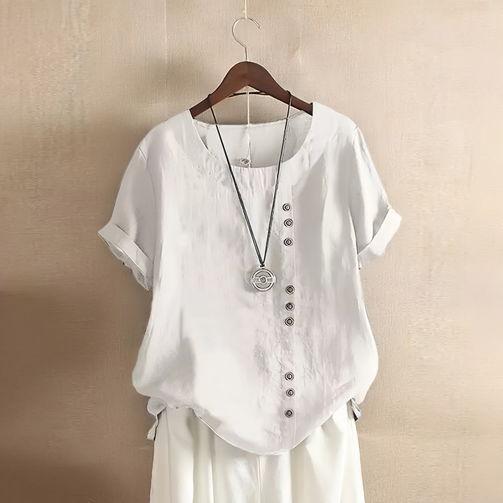 Sommerliche Damen-T-Shirt-Oberteile im Retro-Stil aus Baumwolle und Leinen