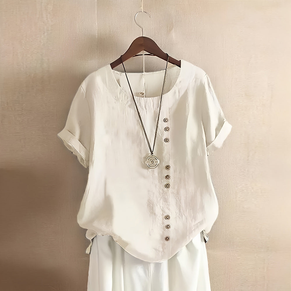 Sommerliche Damen-T-Shirt-Oberteile im Retro-Stil aus Baumwolle und Leinen