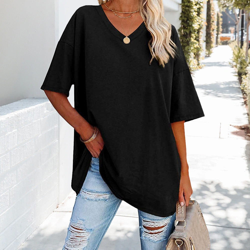 Loses einfarbiges neues Damen-T-Shirt aus Baumwolle mit V-Ausschnitt