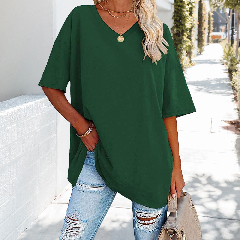 Loses einfarbiges neues Damen-T-Shirt aus Baumwolle mit V-Ausschnitt