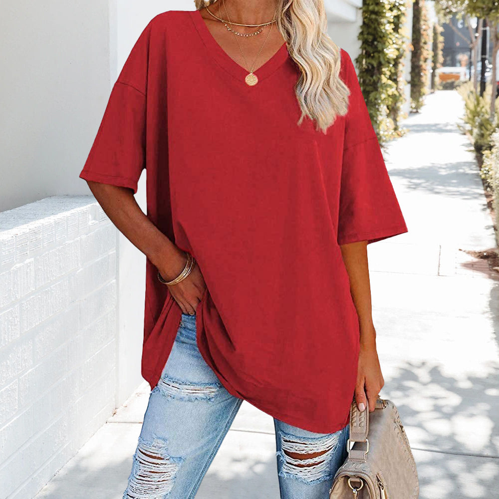 Loses einfarbiges neues Damen-T-Shirt aus Baumwolle mit V-Ausschnitt