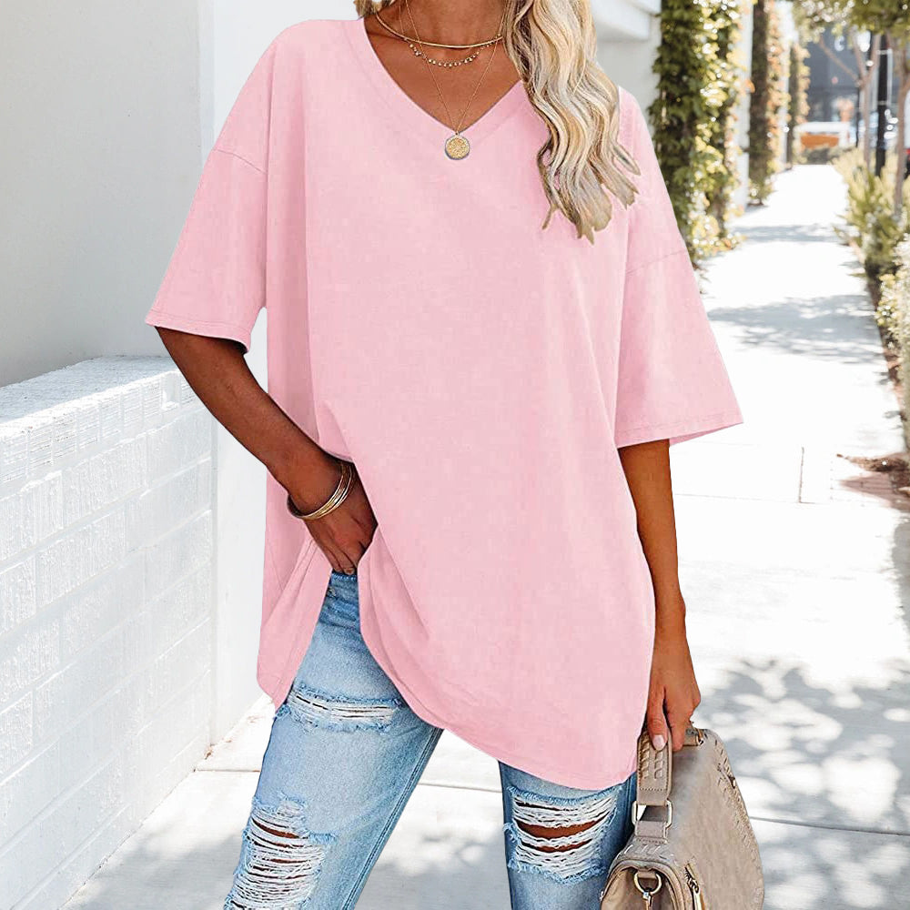 Loses einfarbiges neues Damen-T-Shirt aus Baumwolle mit V-Ausschnitt