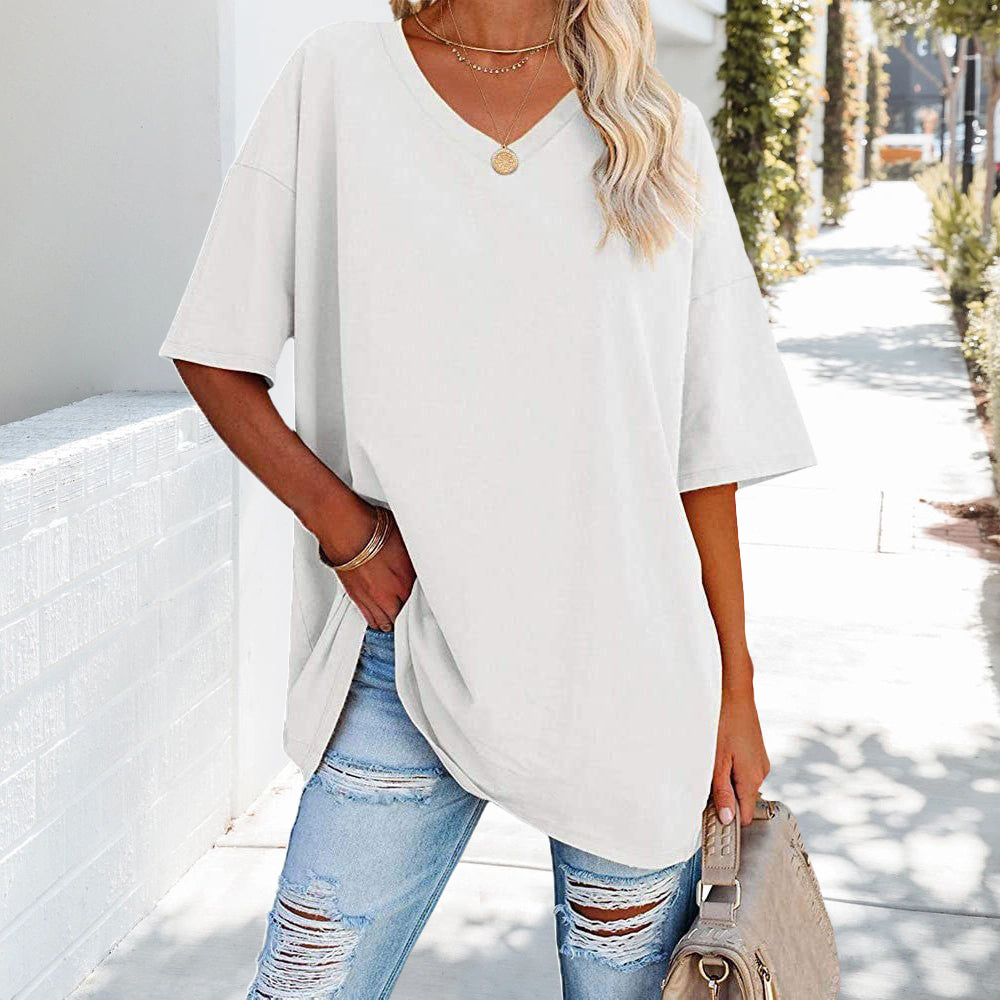 Loses einfarbiges neues Damen-T-Shirt aus Baumwolle mit V-Ausschnitt