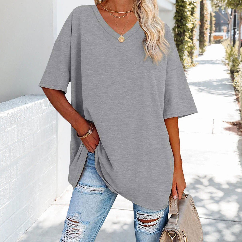 Loses einfarbiges neues Damen-T-Shirt aus Baumwolle mit V-Ausschnitt