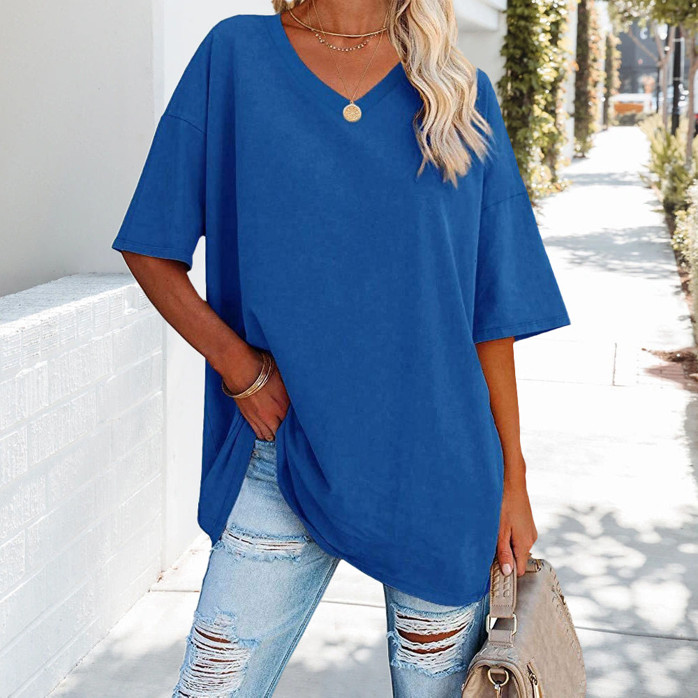 Loses einfarbiges neues Damen-T-Shirt aus Baumwolle mit V-Ausschnitt