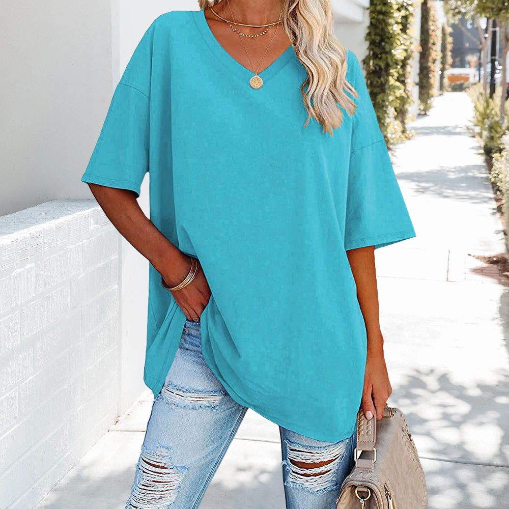 Loses einfarbiges neues Damen-T-Shirt aus Baumwolle mit V-Ausschnitt