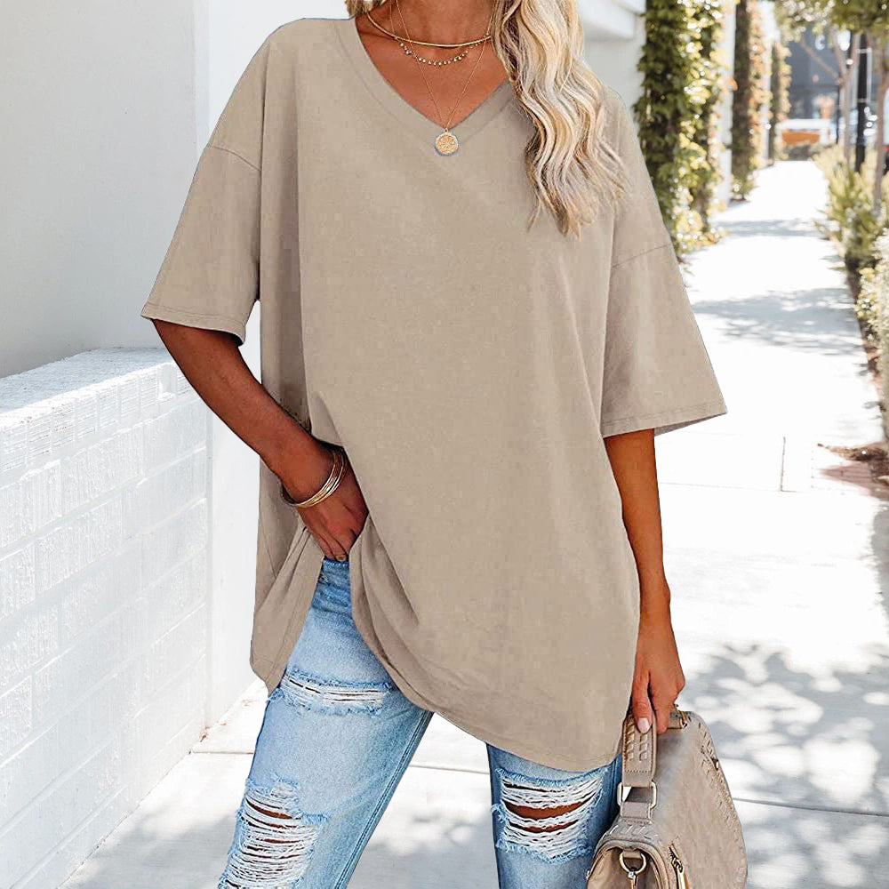 Loses einfarbiges neues Damen-T-Shirt aus Baumwolle mit V-Ausschnitt