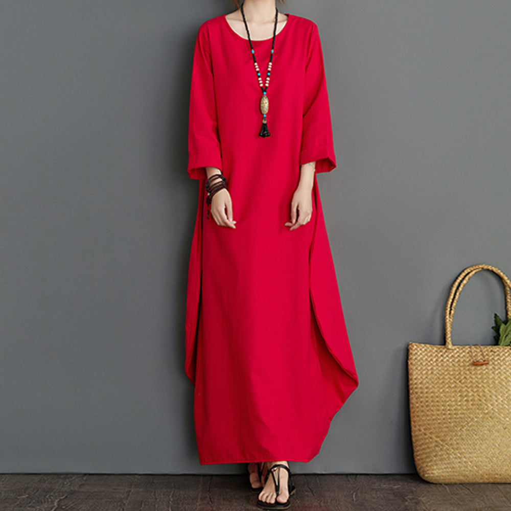 Langes A-Linien-Kleid aus Baumwolle und Leinen für Damen