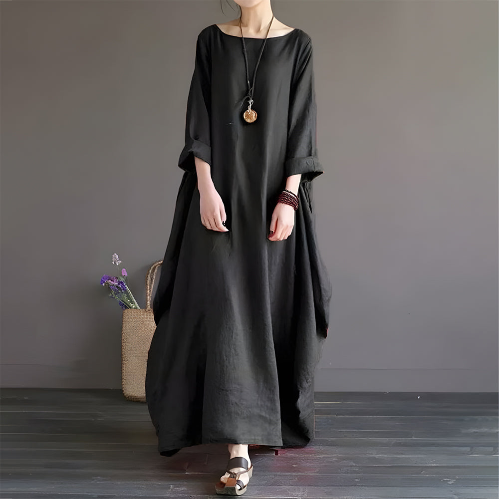 Langes A-Linien-Kleid aus Baumwolle und Leinen für Damen