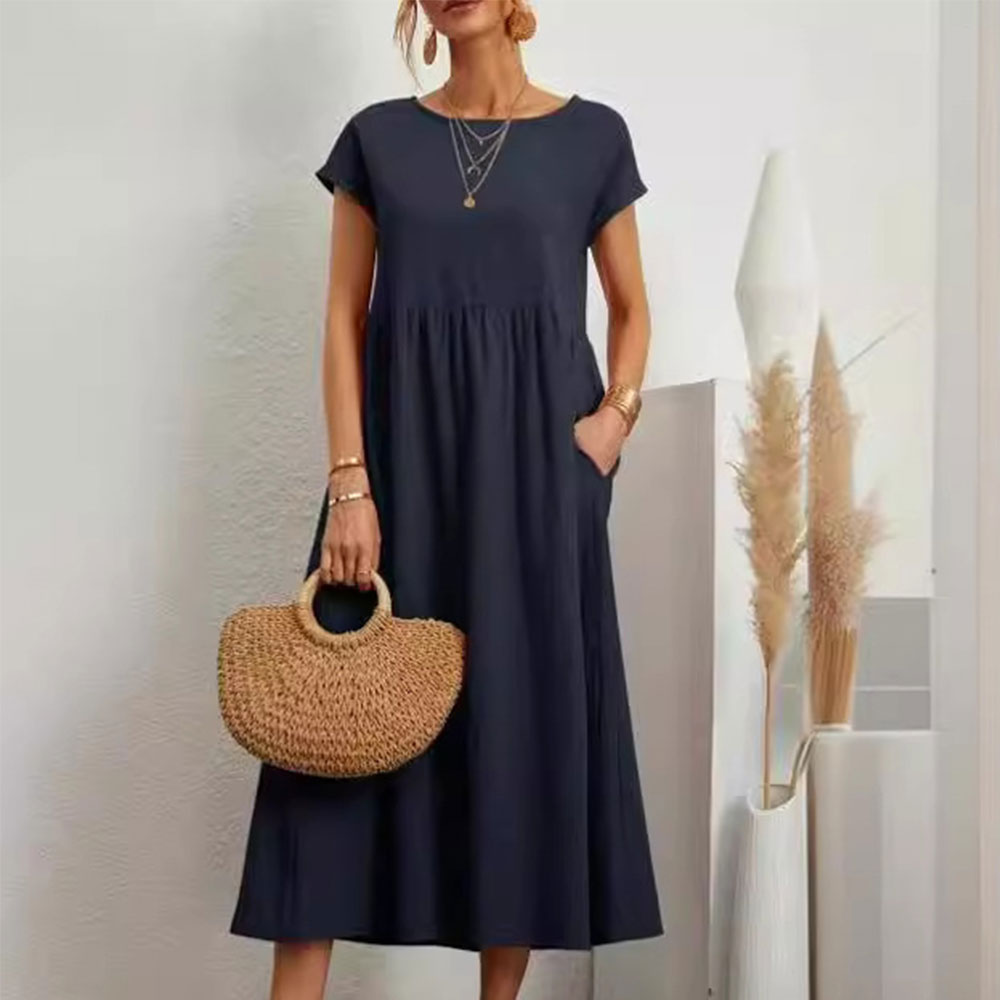 Einfarbiges lockeres Rundhals-Sommer-Midikleid aus Baumwolle und Leinen