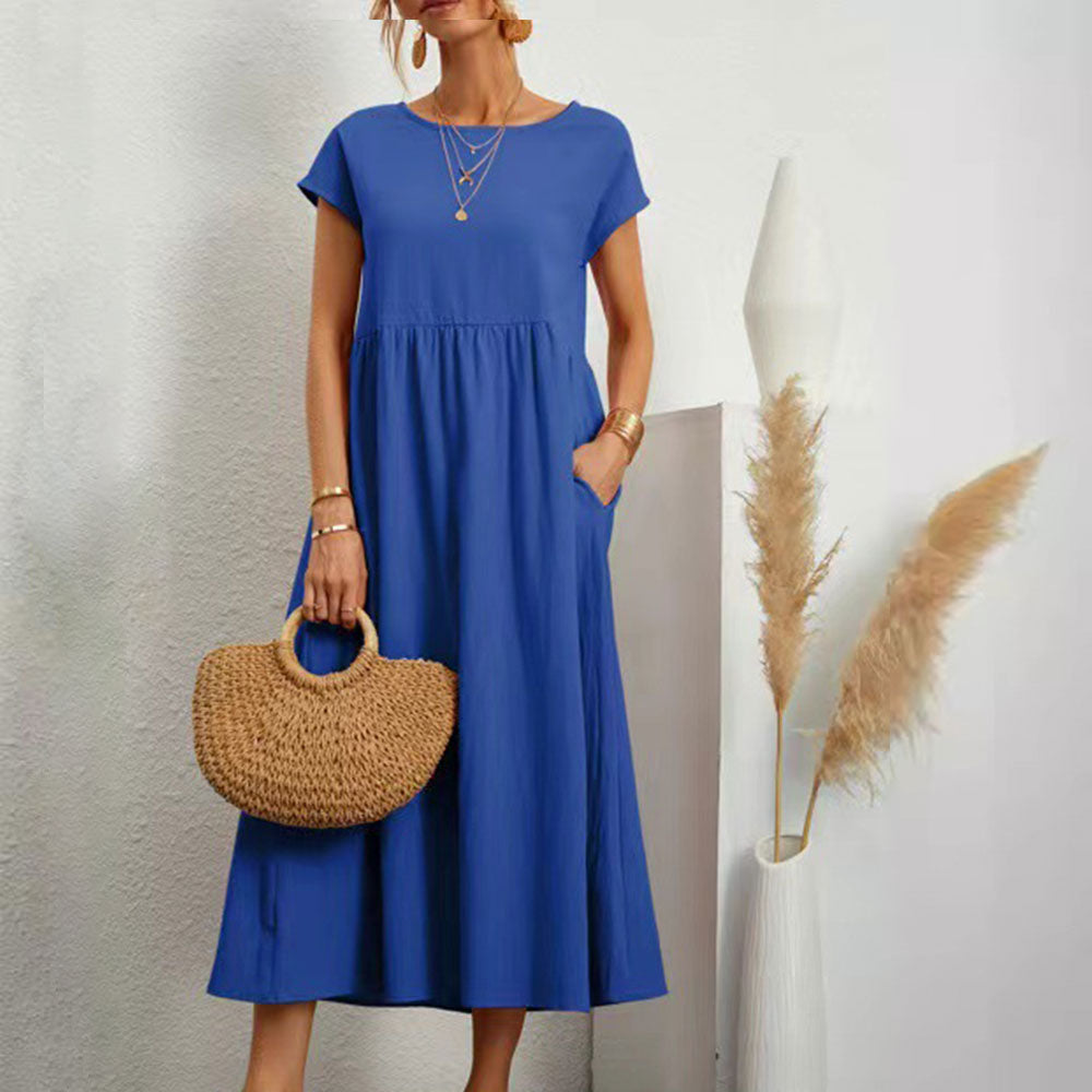 Einfarbiges lockeres Rundhals-Sommer-Midikleid aus Baumwolle und Leinen
