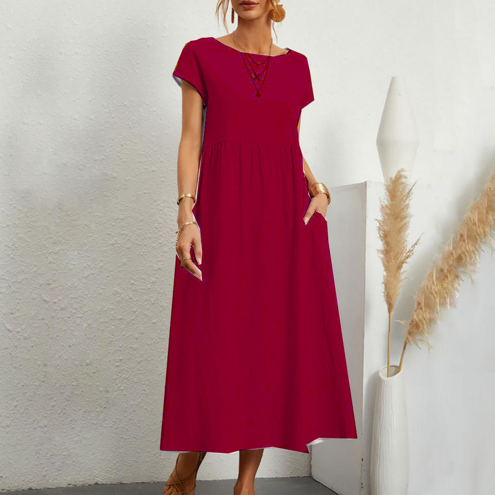 Einfarbiges lockeres Rundhals-Sommer-Midikleid aus Baumwolle und Leinen