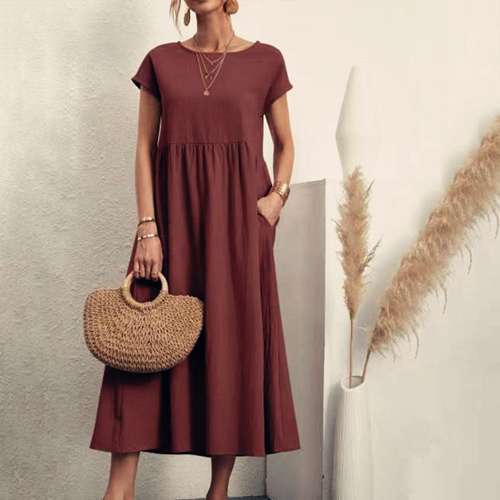Einfarbiges lockeres Rundhals-Sommer-Midikleid aus Baumwolle und Leinen