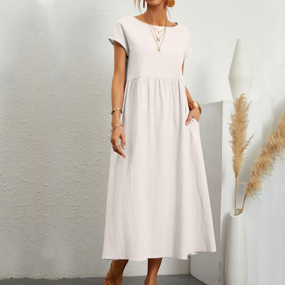 Einfarbiges lockeres Rundhals-Sommer-Midikleid aus Baumwolle und Leinen