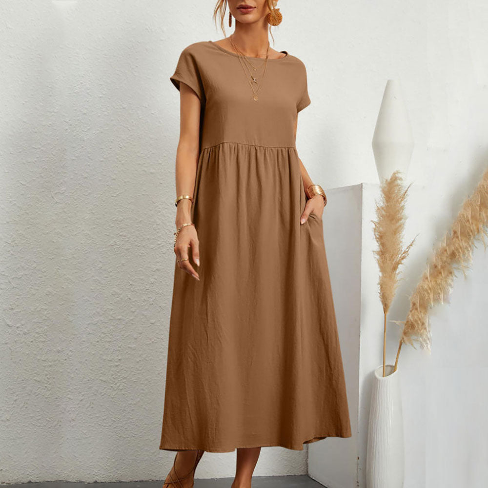 Einfarbiges lockeres Rundhals-Sommer-Midikleid aus Baumwolle und Leinen