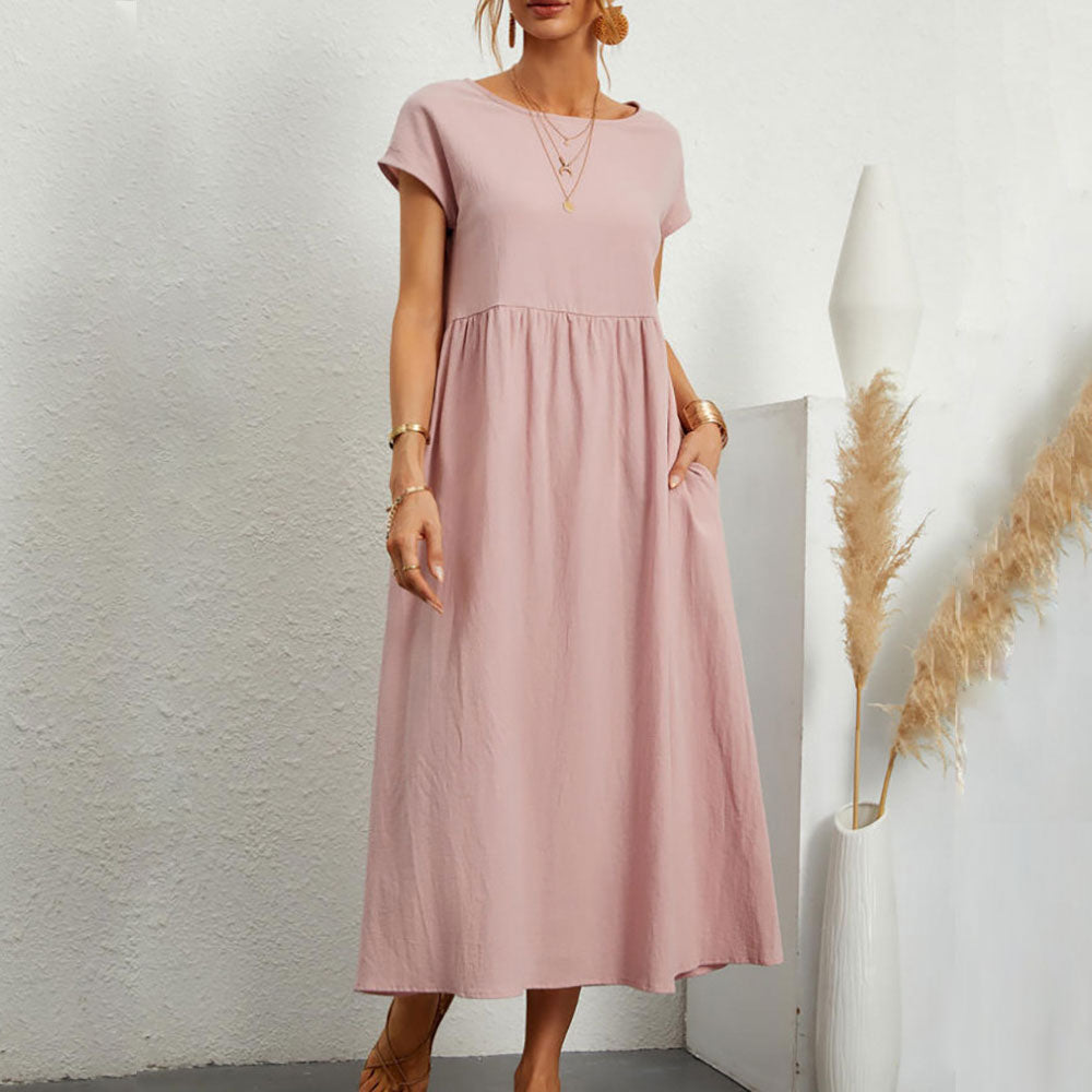Einfarbiges lockeres Rundhals-Sommer-Midikleid aus Baumwolle und Leinen