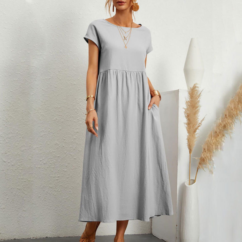 Einfarbiges lockeres Rundhals-Sommer-Midikleid aus Baumwolle und Leinen
