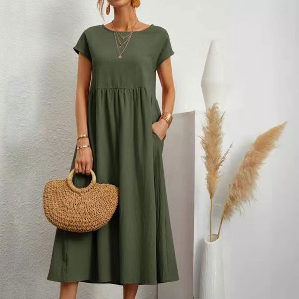 Einfarbiges lockeres Rundhals-Sommer-Midikleid aus Baumwolle und Leinen