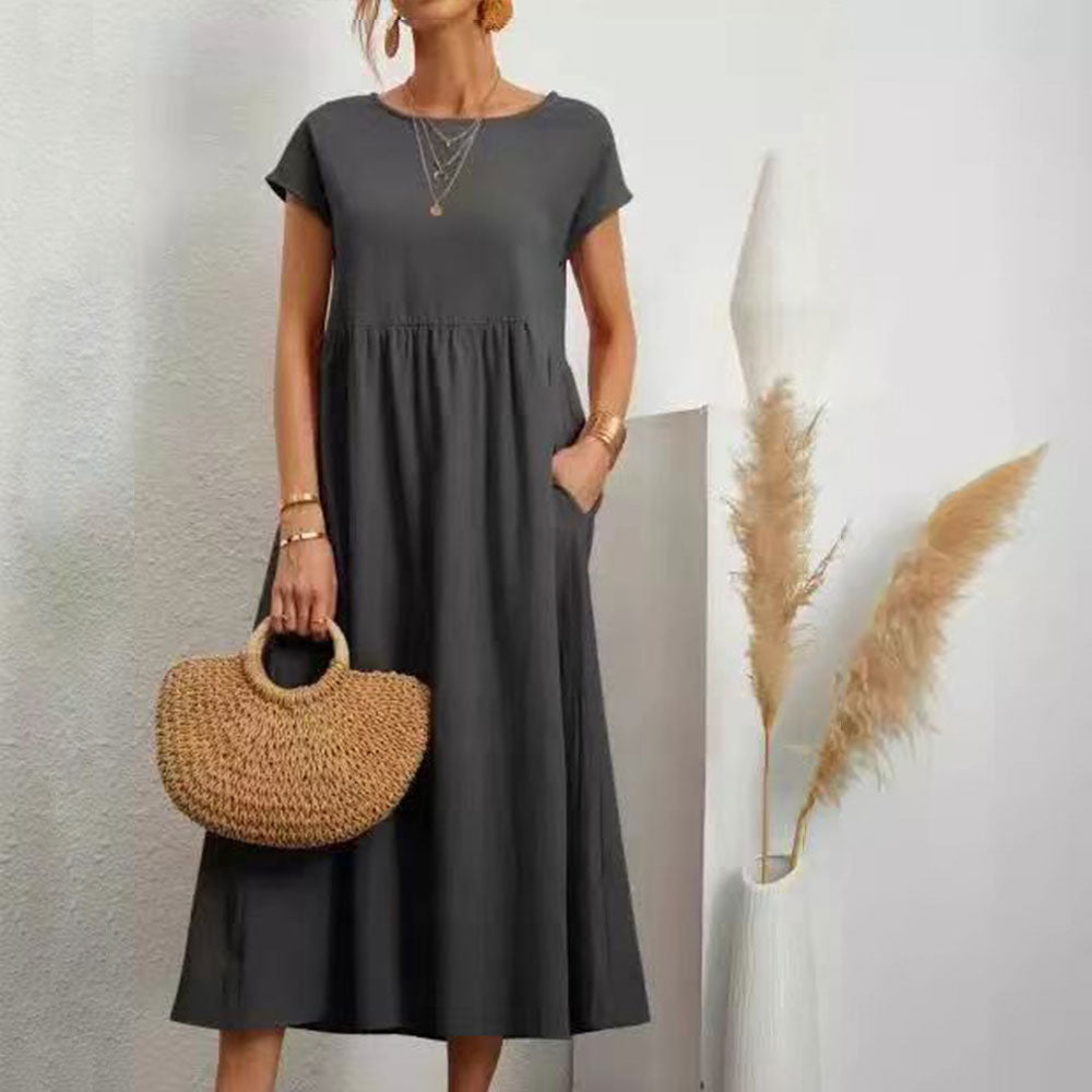 Einfarbiges lockeres Rundhals-Sommer-Midikleid aus Baumwolle und Leinen