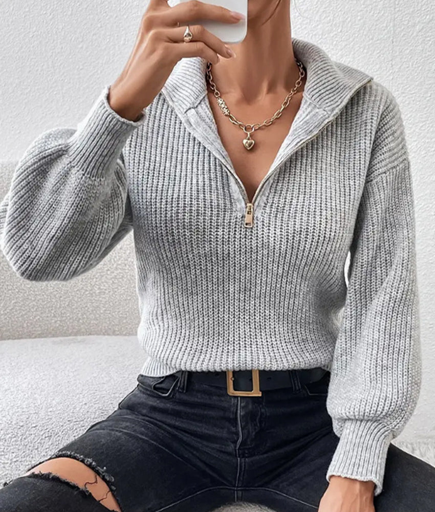 Frenchy Langarm-Sweatshirt Mit Halbem Reißverschluss, Quer Schulterabfall Und Kornmuster