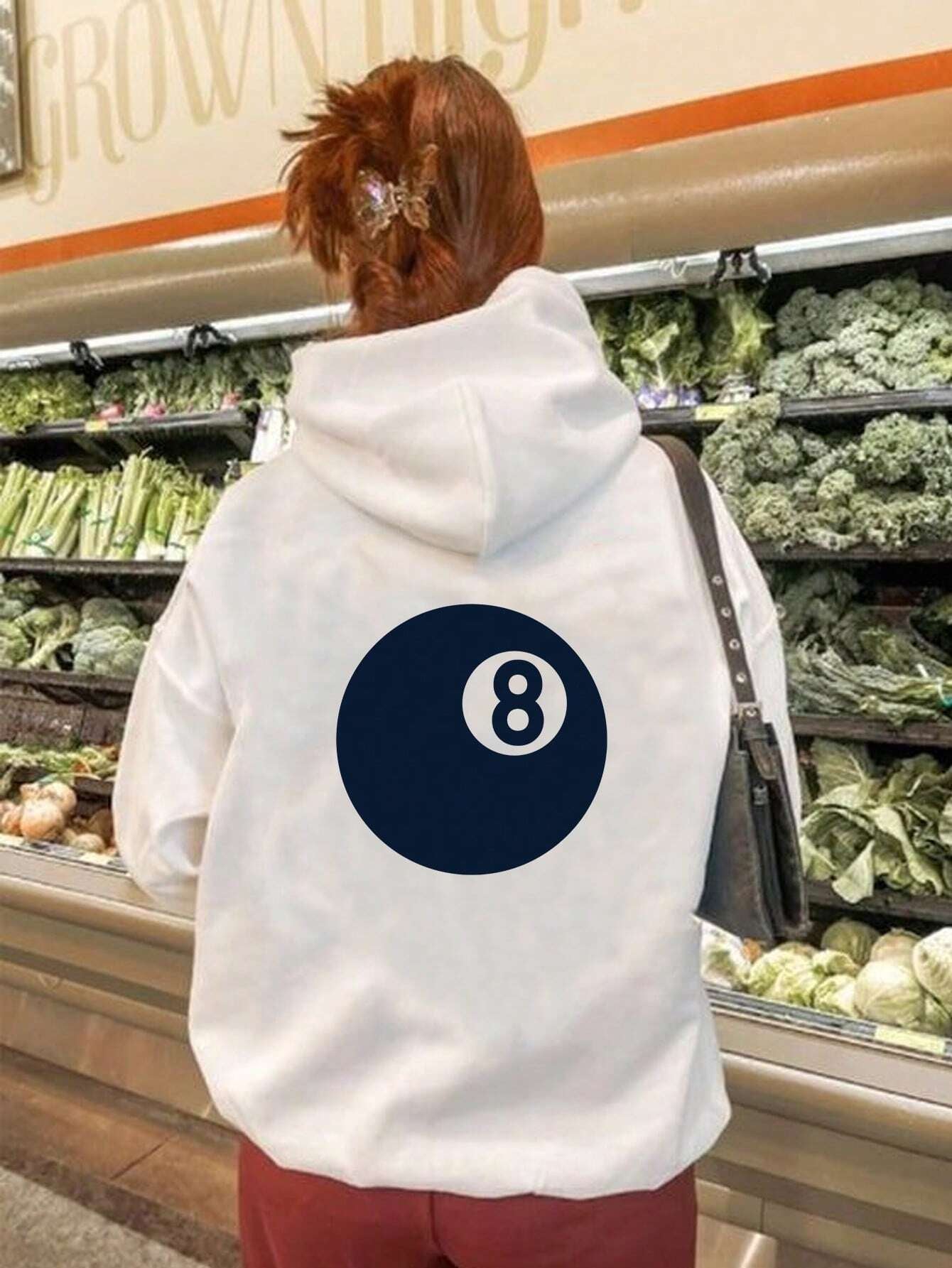 Lässiger Oversize Damen-Hoodie mit Kordelzug, hellgrau, mit 8-Ball-Aufdruck auf der Rückseite